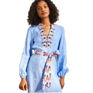 Boden Leonie Embroidered Long Sleeve Linen caftan in blue